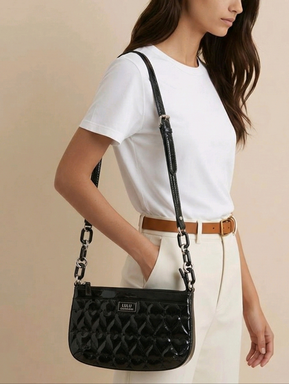 Lulu Guinness Black Patent Heart Quilted Crossbody/Shoulder Bag w/Chain Detail